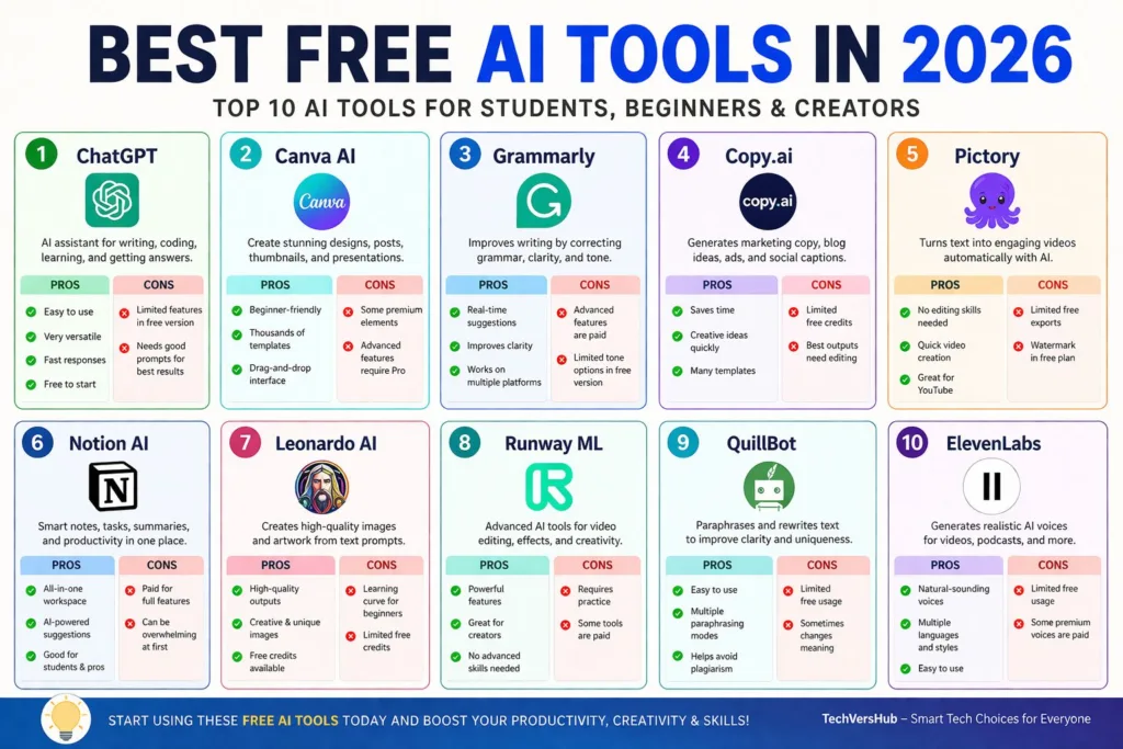best free AI tools 2026 for students, beginners, and content creators, showing writing, design, and productivity apps